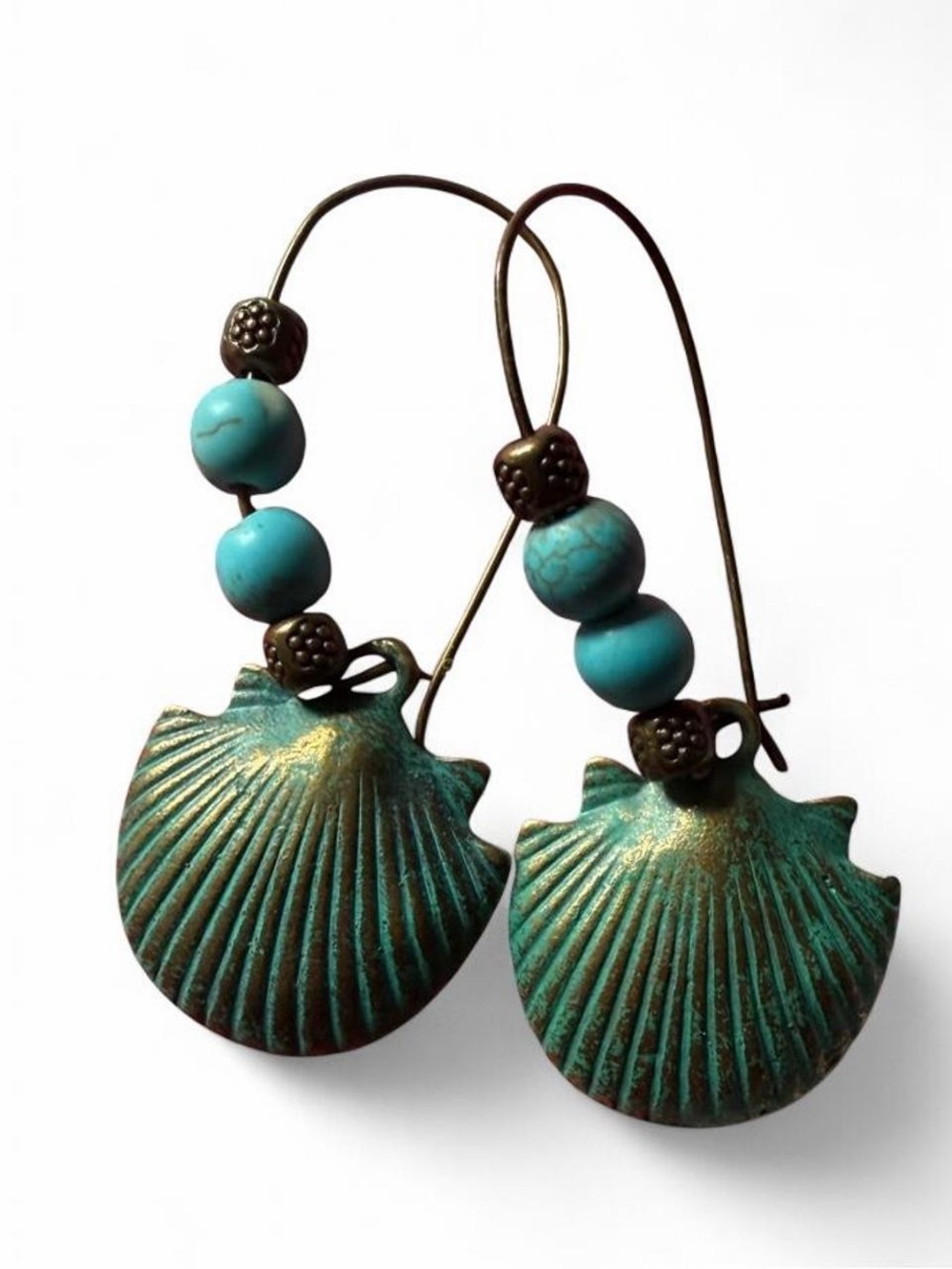 Handmade Verdigris Shell & Turquoise Boho Drop Earrings